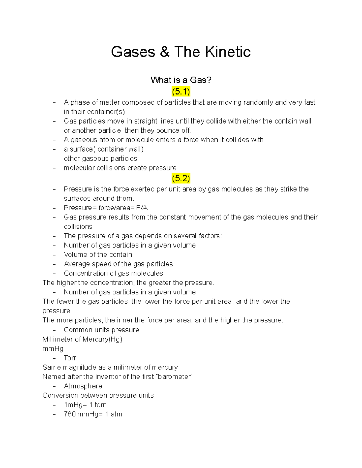 Chapter 5 Notes: Properties & Laws of Gases in Chem (5.1-5.3) - Studocu