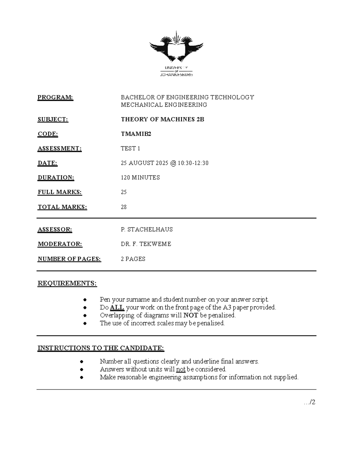 TMAMIB2: Theory of Machines Test 1 Memo - 25 Aug 2025 - Studocu
