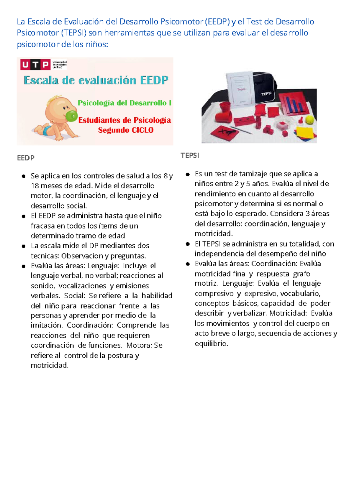 EEDP vs TEPSI: Evaluación del Desarrollo Psicomotor en Niños - Studocu