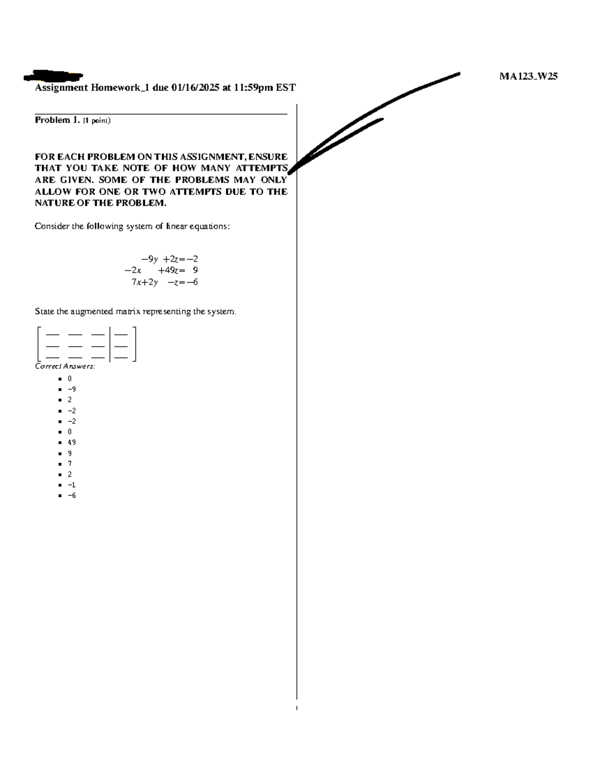 MA123 W25 Assignment 1: Solving Linear Equations & Augmented Matrices ...