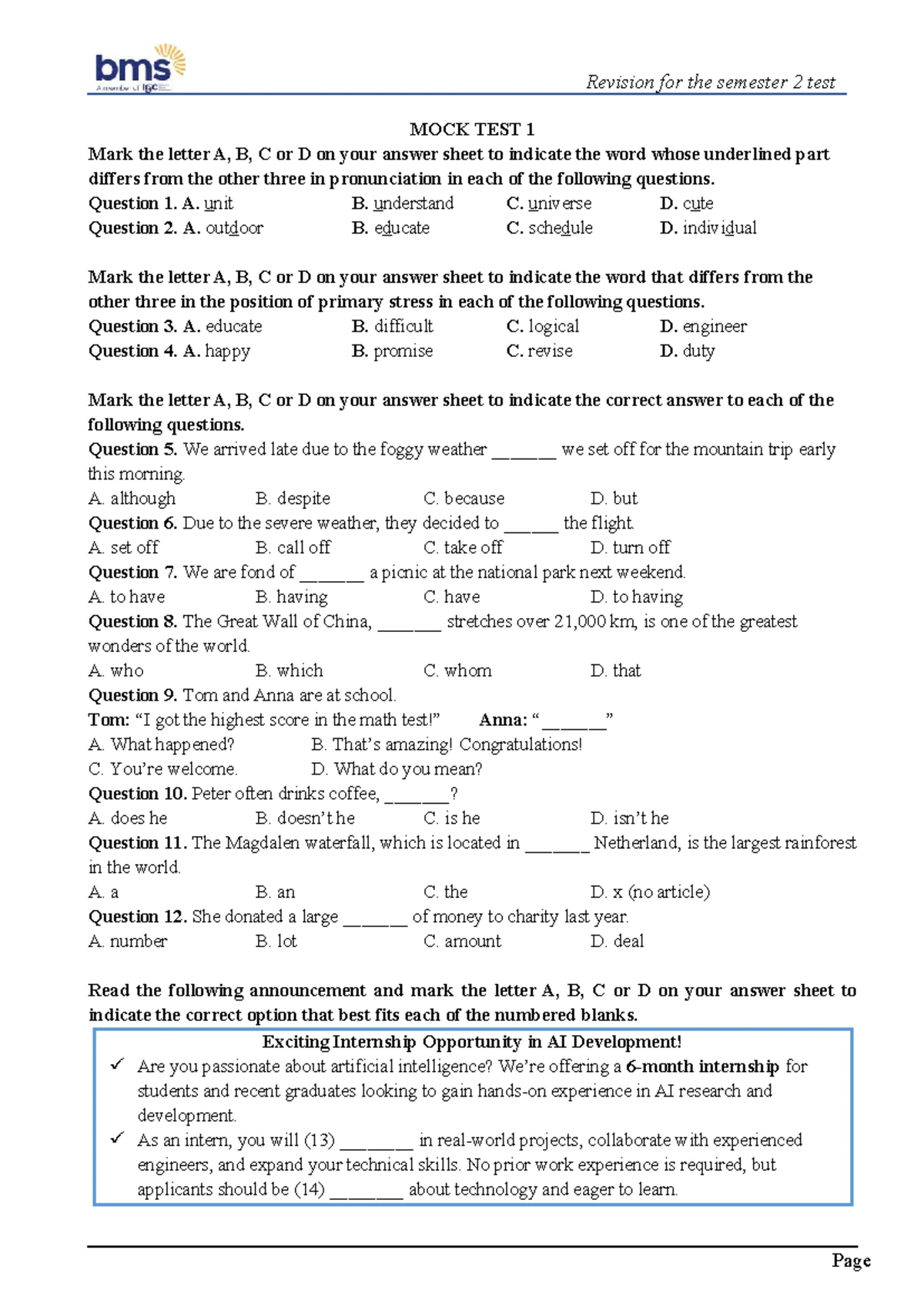 Practice Test 25: English Language Skills Evaluation - Studocu