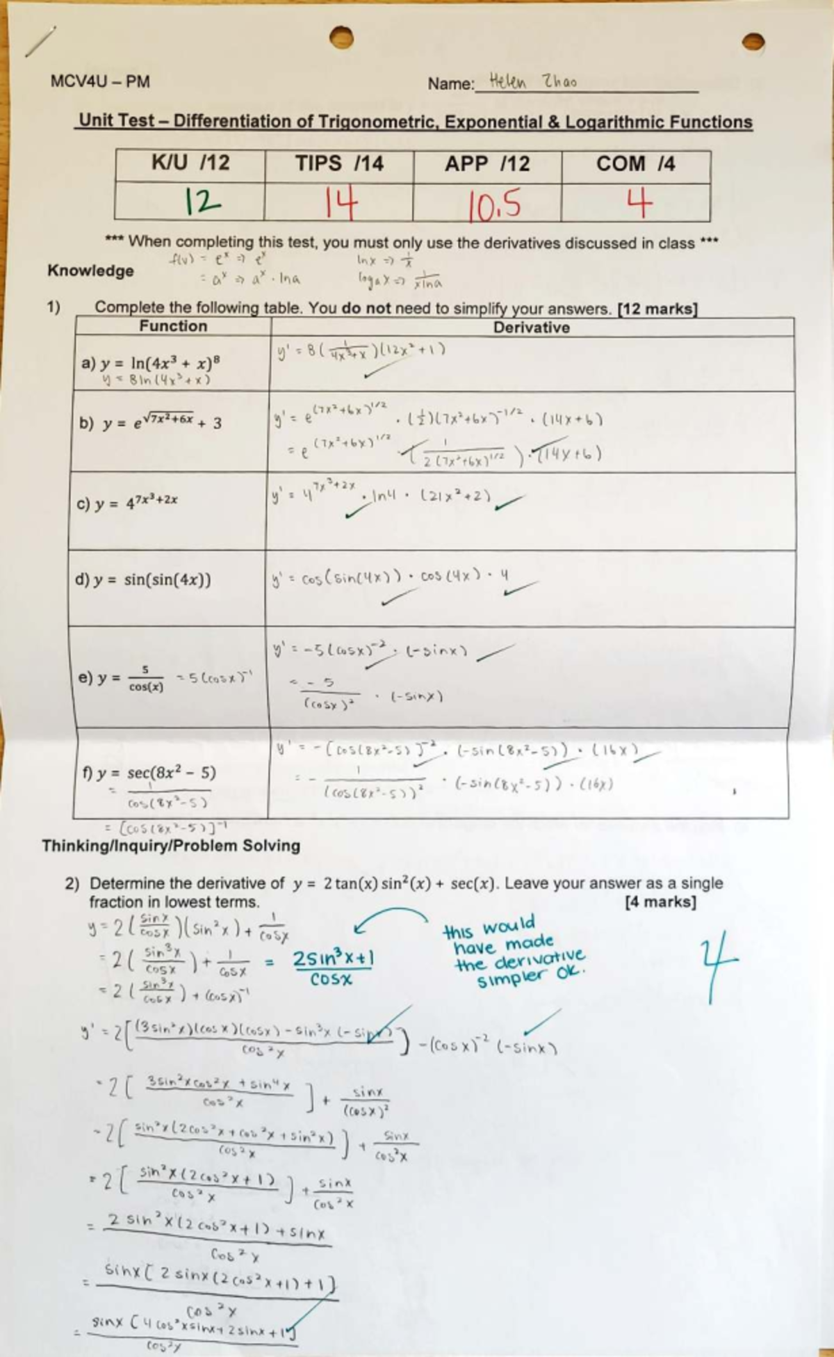 PM COM 12: Unit Test 3 - Differentiation of Functions TIPS - Studocu