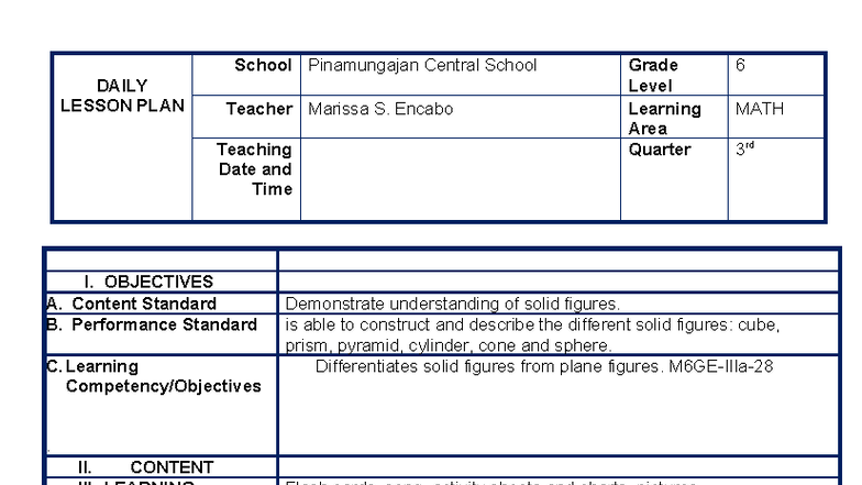DAILY LESSON PLAN: 3rd Quarter Math - Solid Figures Activities - Studocu
