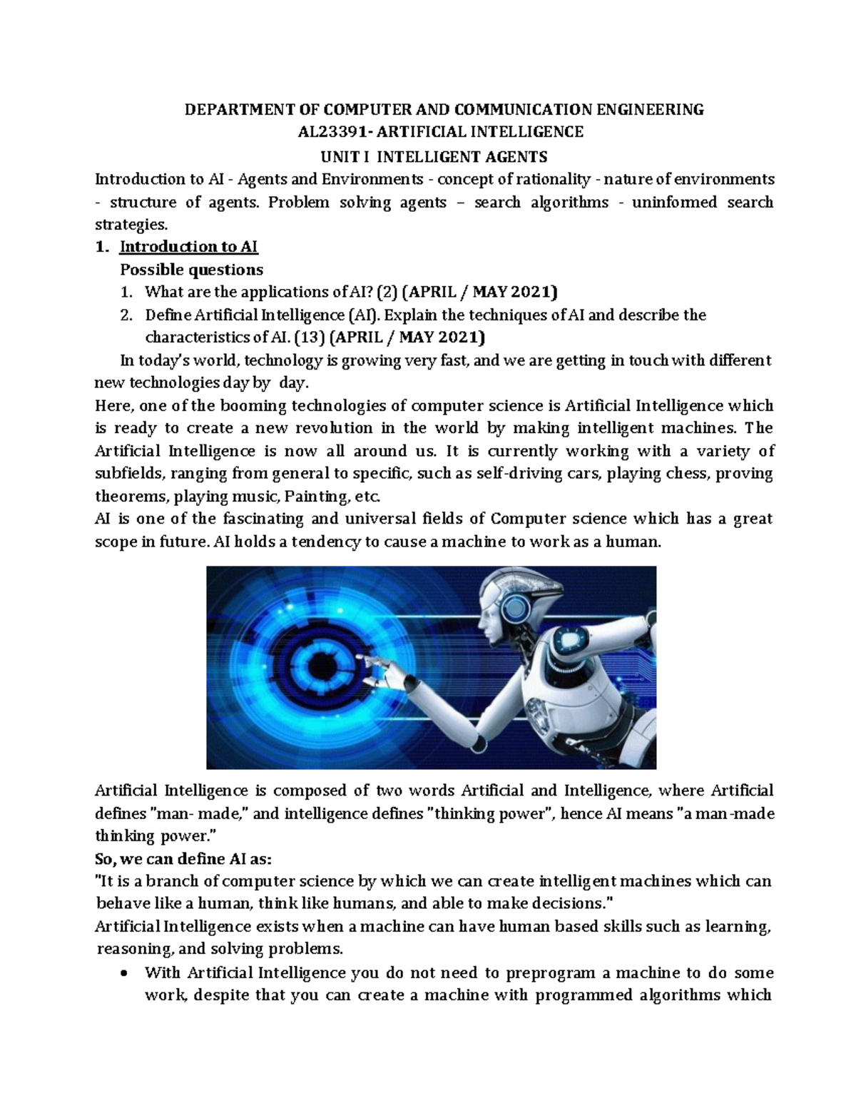 Artificial Intelligence AL23391 - Unit 1: Intelligent Agents Overview ...
