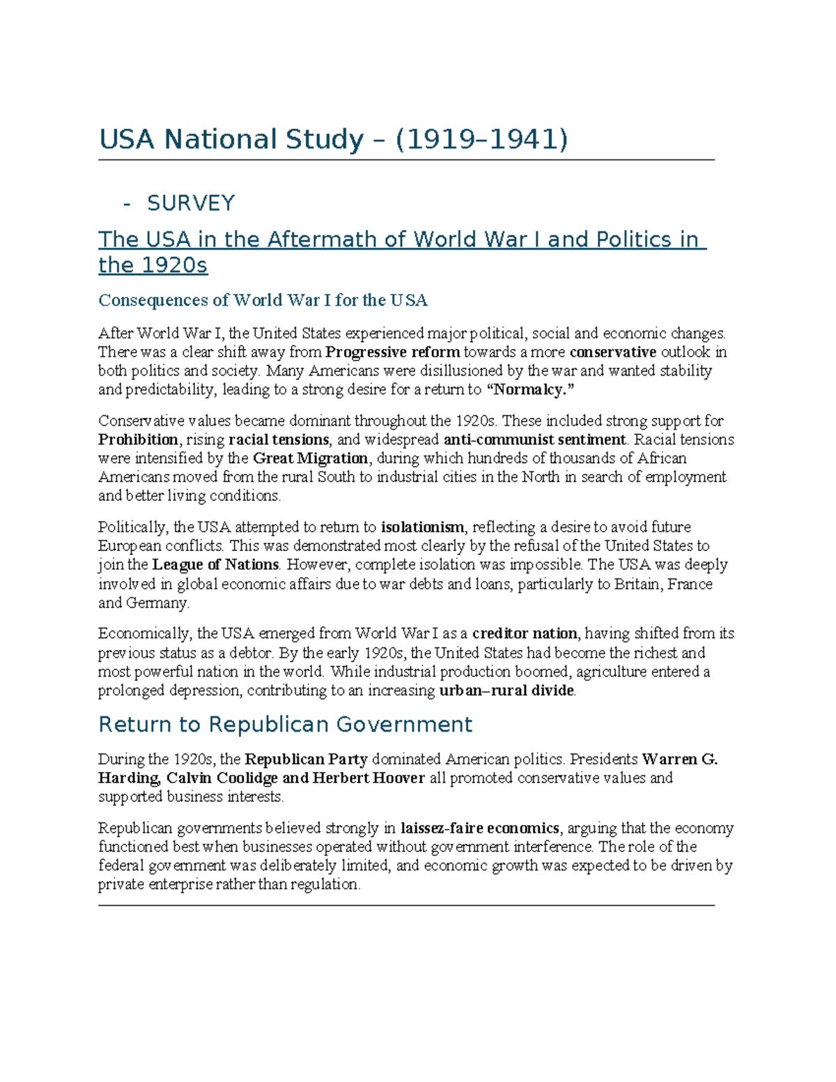 USA National Study: The USA's Political and Economic Landscape Post-WWI ...