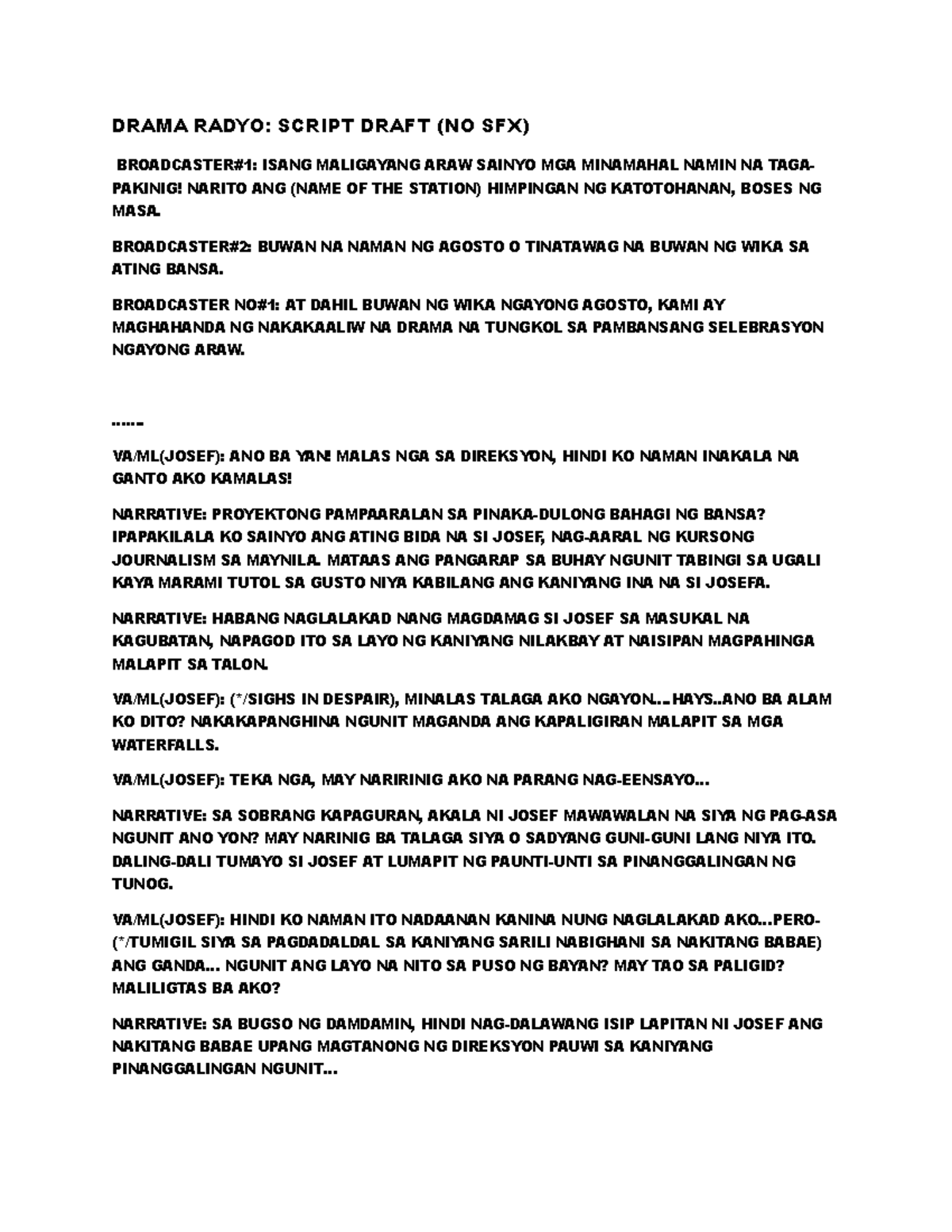 DRAMA RADYO: SCRIPT DRAFT PARA SA BUWAN NG WIKA - Studocu