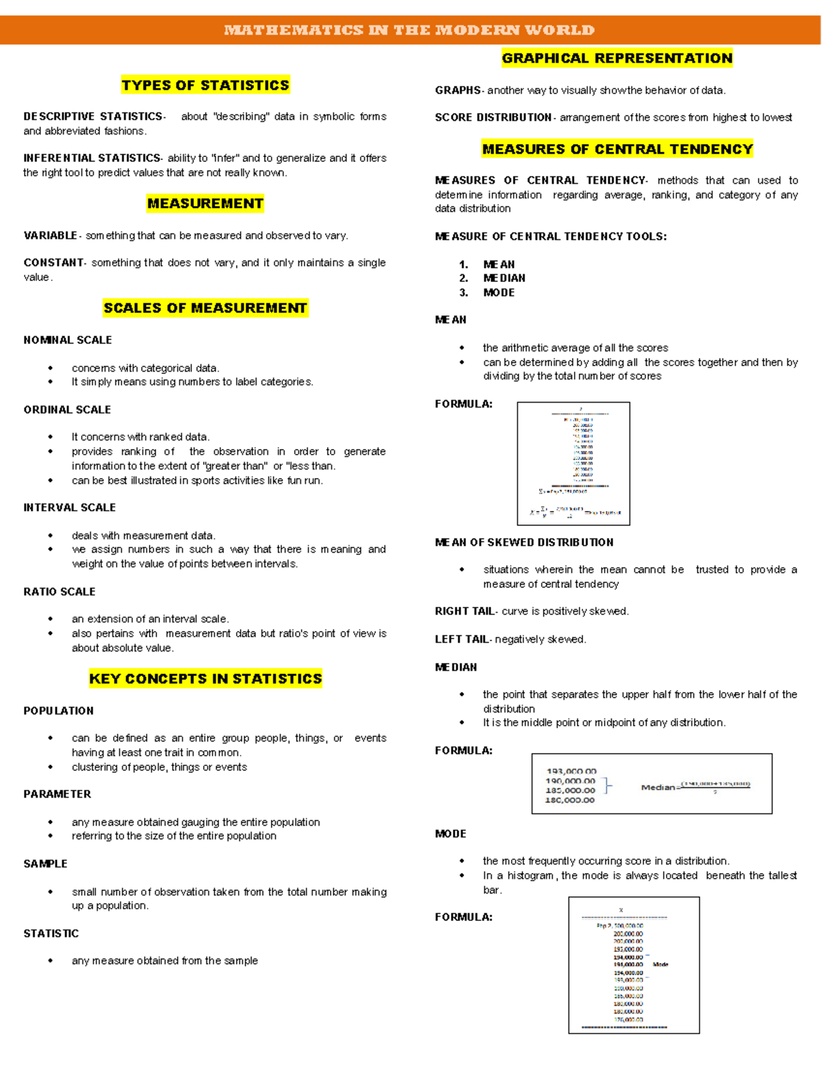 MMW 101 - Summary of Statistics Concepts in Mathematics in the Modern ...