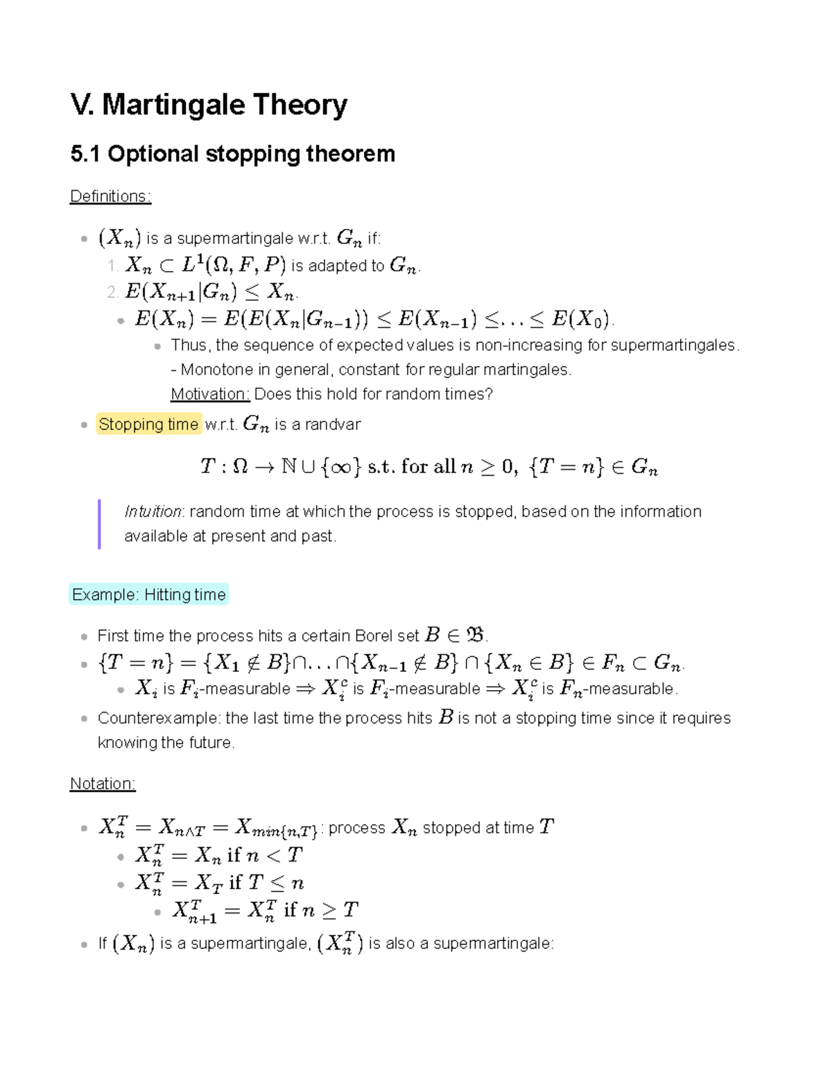Martingale theory notes: Optional stopping theorem and examples - Studocu