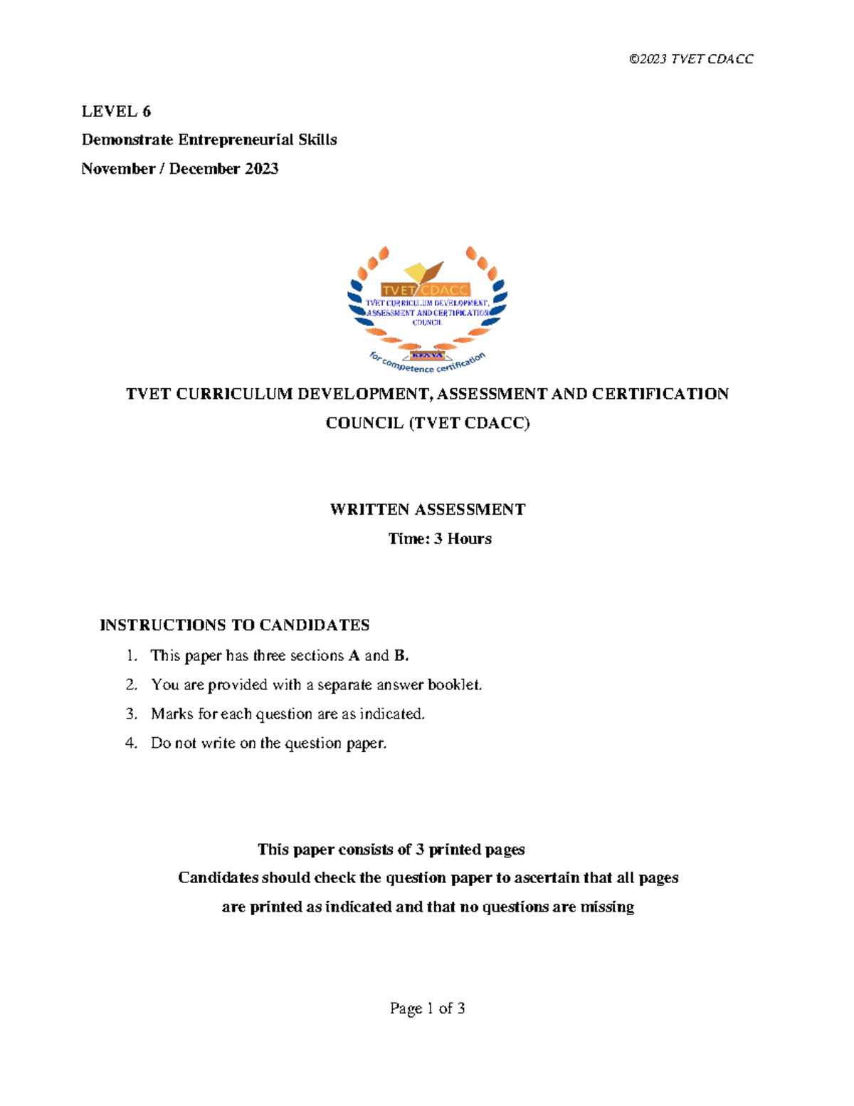 TVET CDACC LEVEL 6: Demonstrating Entrepreneurial Skills Assessment Nov ...