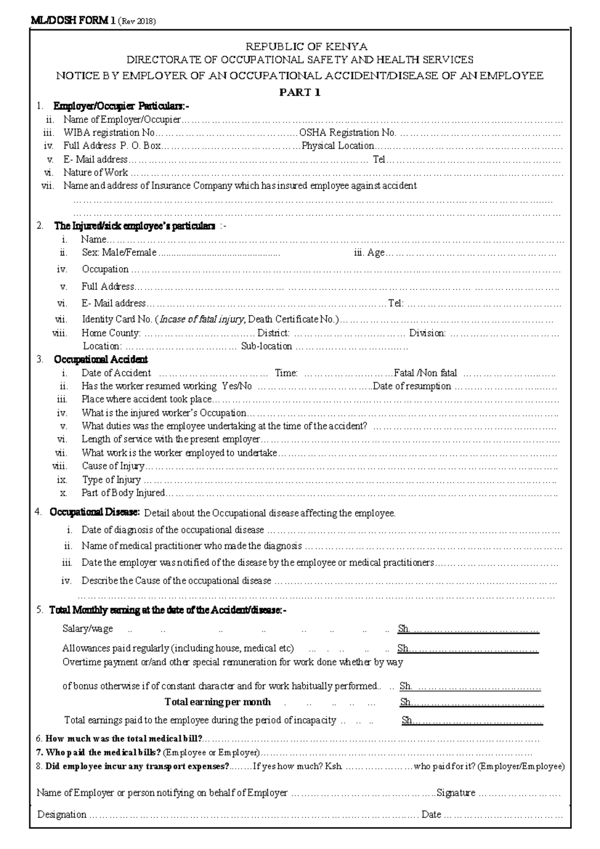 DOSH 1 Accident Notification Form 2018 - Employer's Report - Studocu