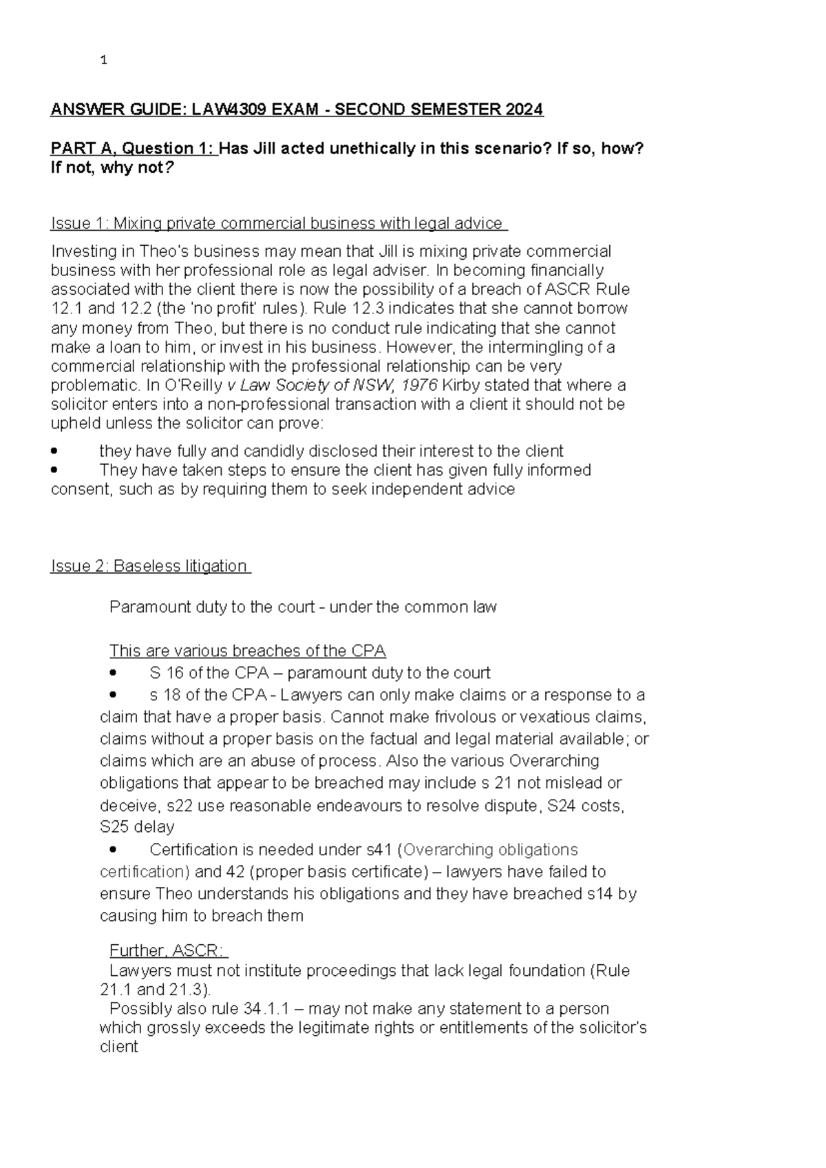 Answer Guide: LAW4309 Exam S2 2024 - Ethical Dilemmas in Legal Practice - Studocu