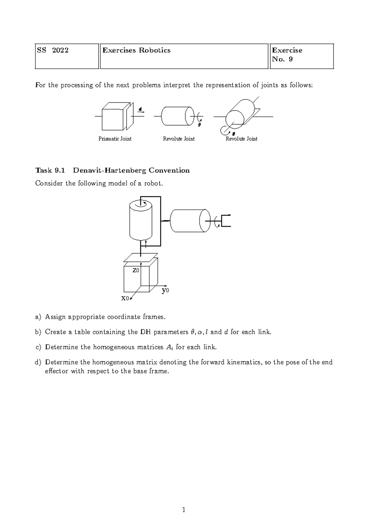 Exercise Sheet 9: Denavit-Hartenberg Conventions II for Robotics - Studocu