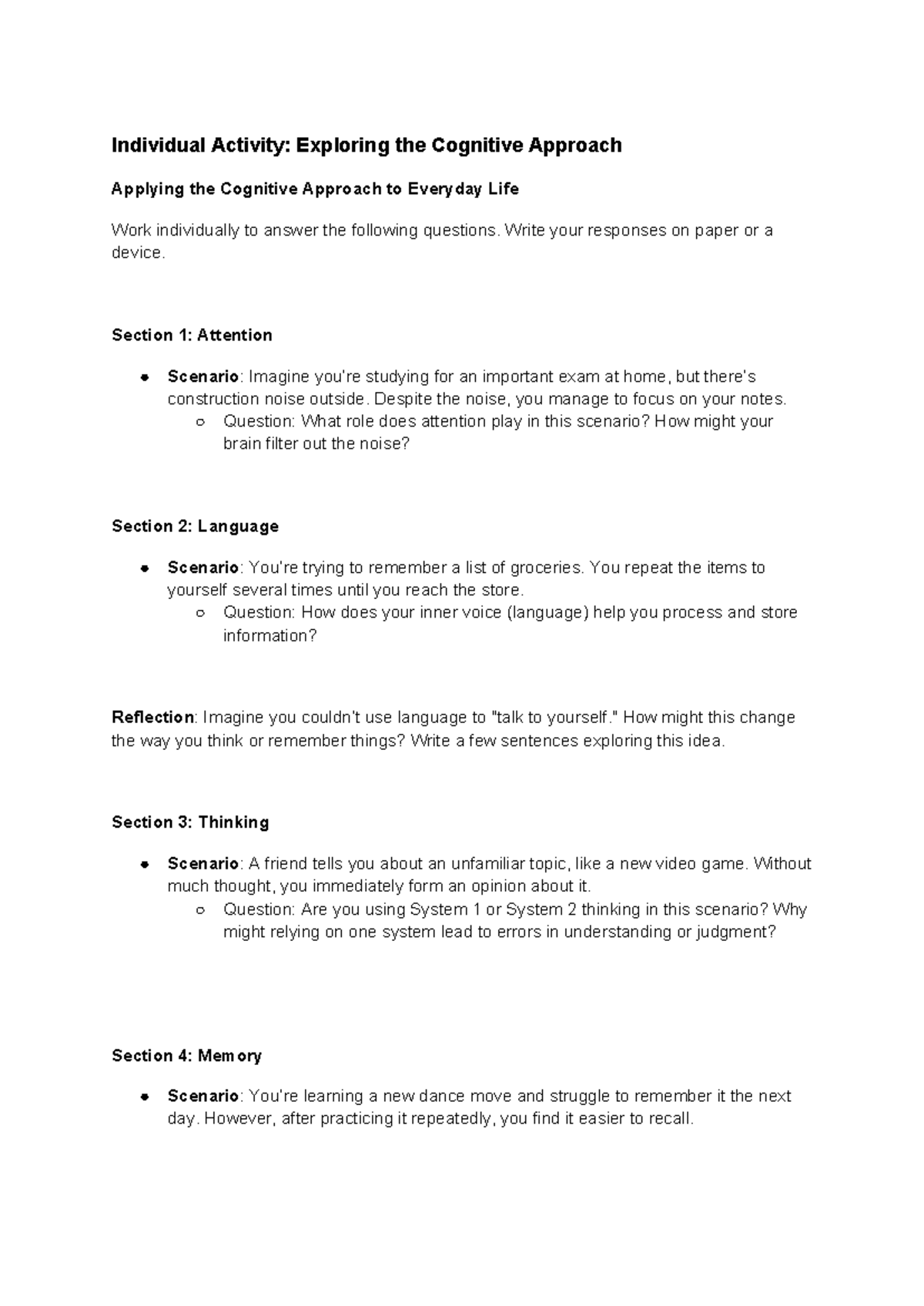 Individual Activity Exploring the Cognitive Approach - Write your ...