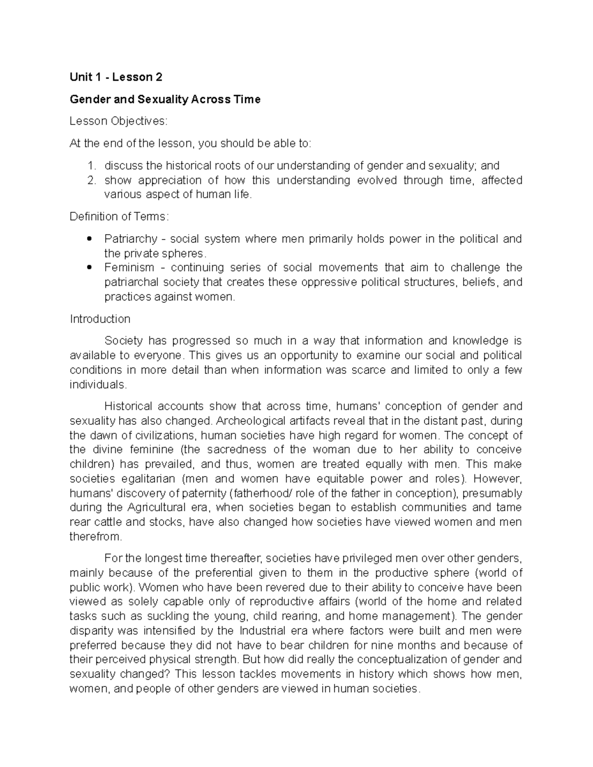 Gender & Sexuality Through History - Unit 1, Lesson 2 - Studocu