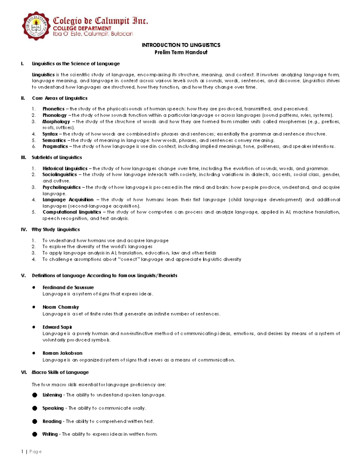 LING 101: Introduction to Linguistics Prelim Term Handout - Studocu