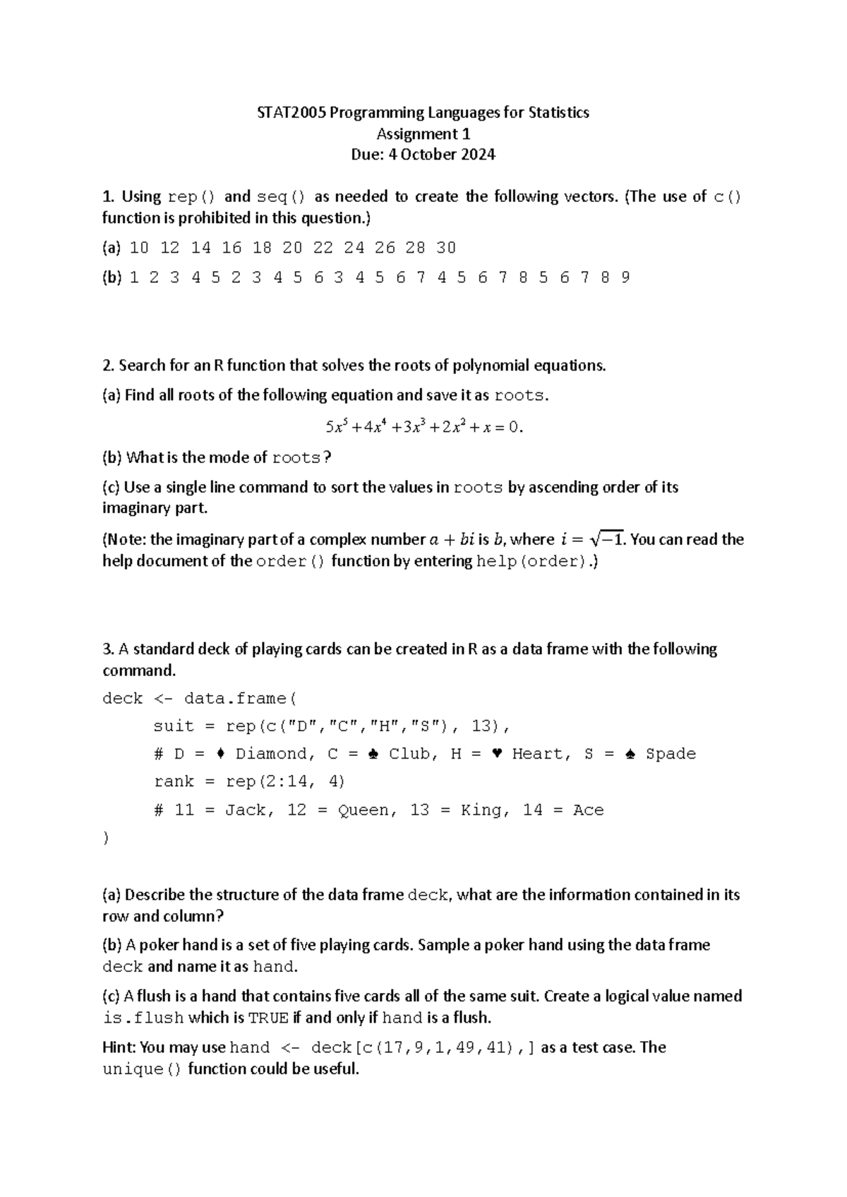 STAT2005 Assignment 1: R Programming for Statistics Tasks - Studocu