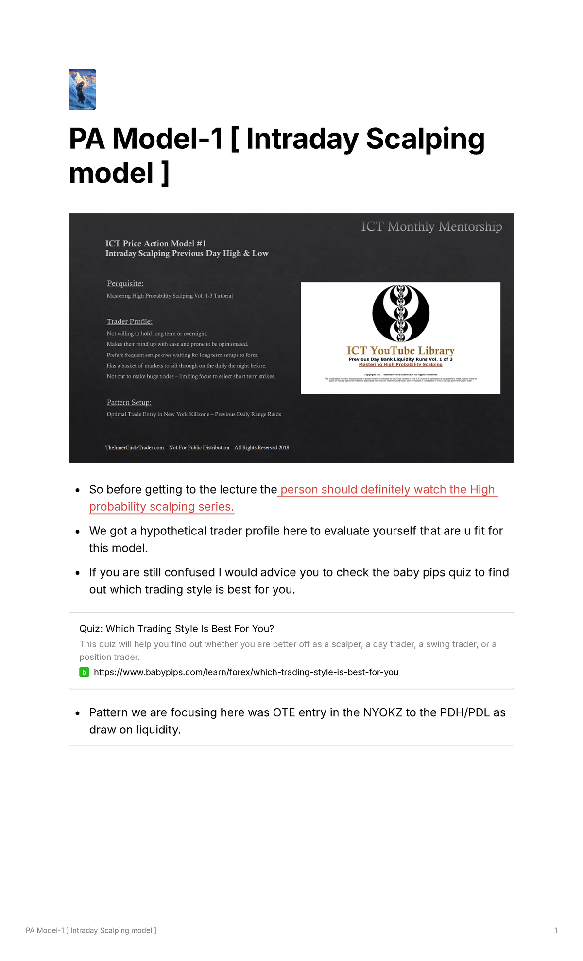 Superyeti - ICT PA Model 1 Notes - PA Model-1 [ Intraday Scalping model ...