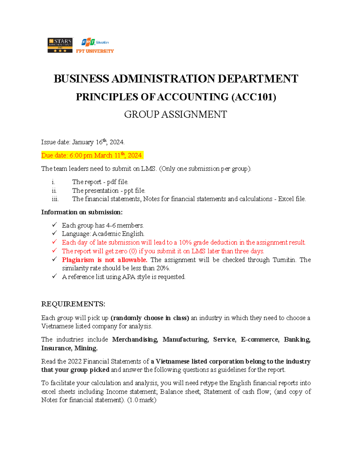 ACC101 Group Assignment - Principles of Accounting SPR2024 - Studocu