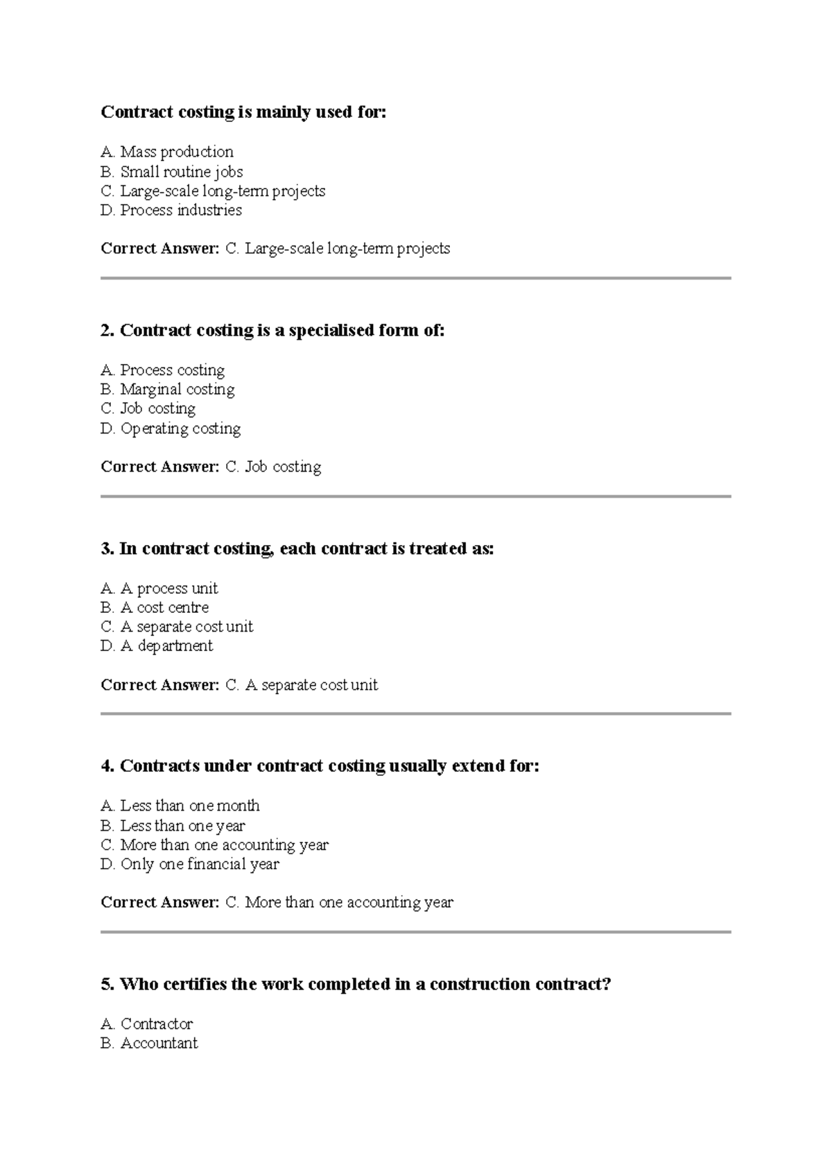 MCQs on Contract Costing: Key Concepts and Principles - Studocu