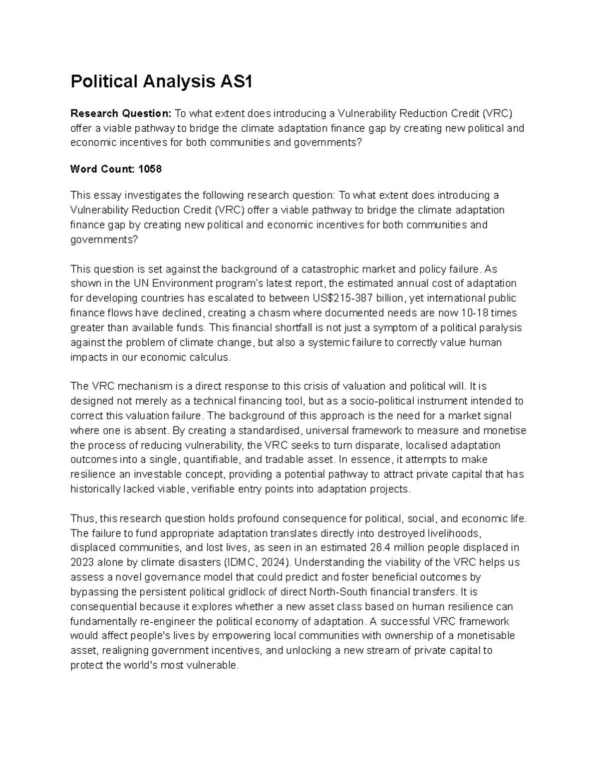 Political Analysis AS1: Viability of Vulnerability Reduction Credit in ...