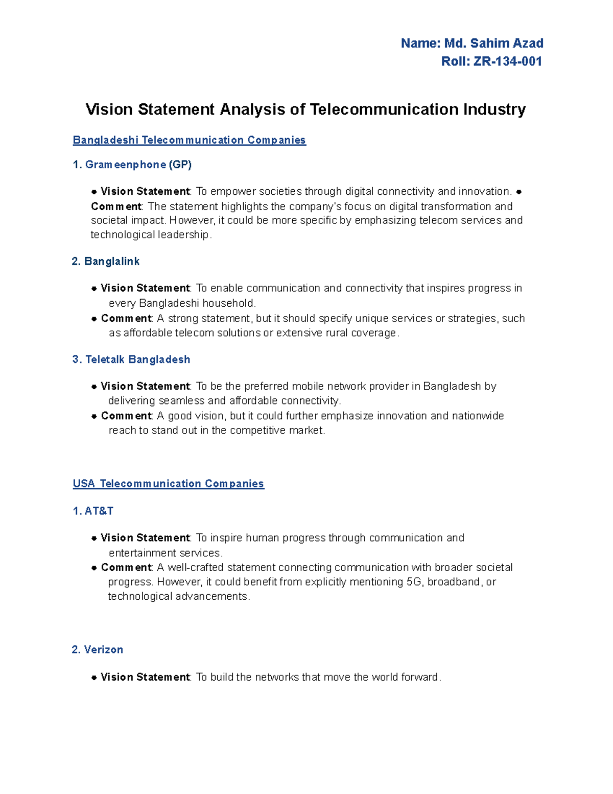 Vision & Misson Statements Analysis of Telecommunication Industry ...