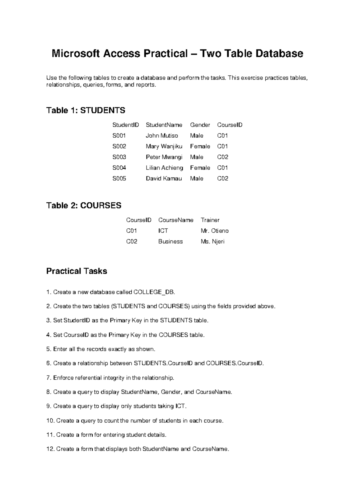 MS Access Practical: Two Table Database Exercise - Studocu