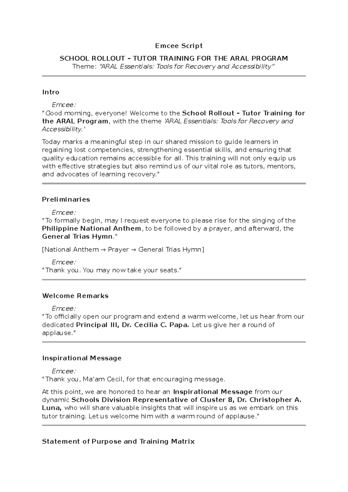 Emcee Script for ARAL Program Tutor Training Session - Studocu