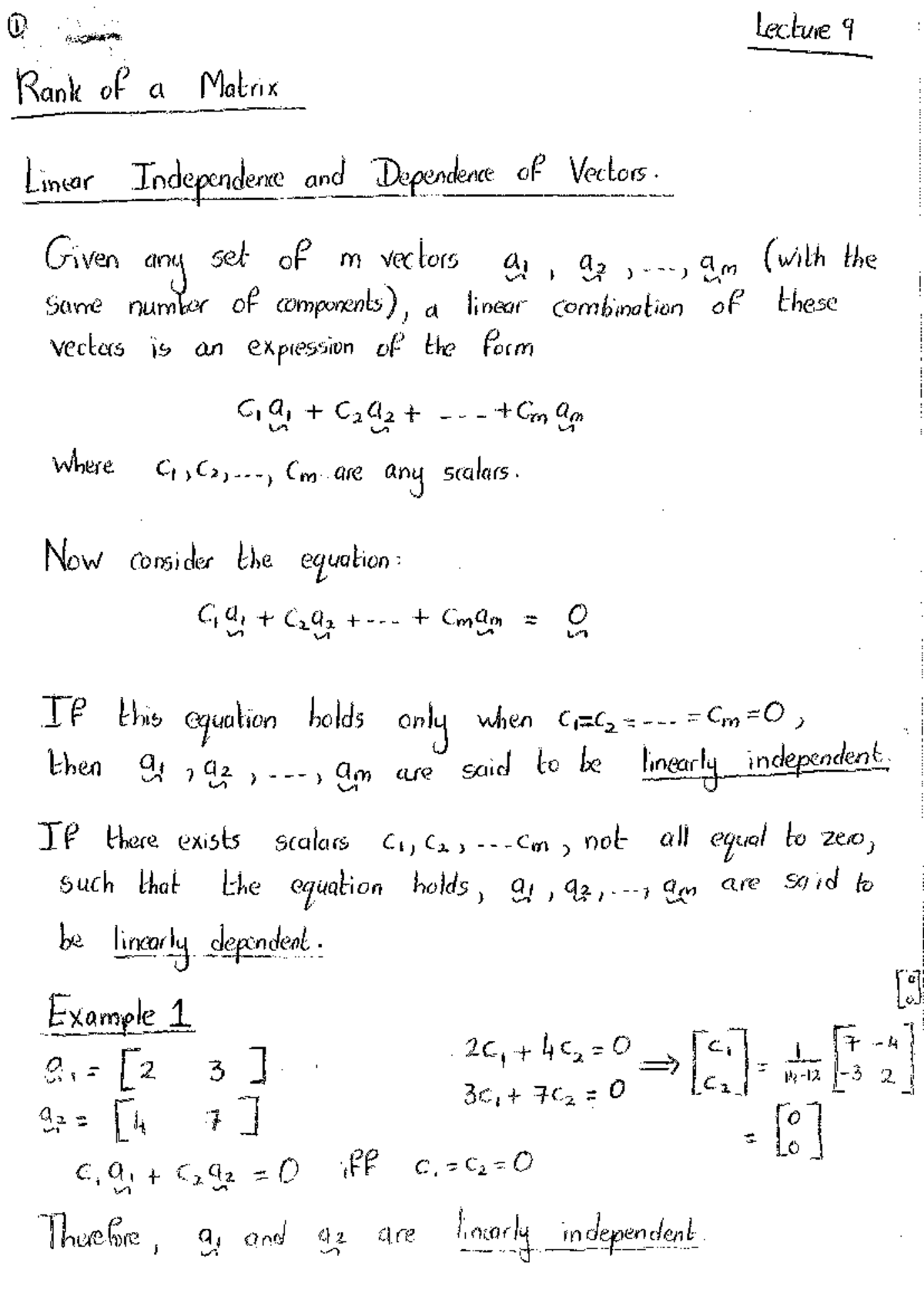 Lecture 9: Rank of a Matrix & Linear Independence of Vectors - Studocu