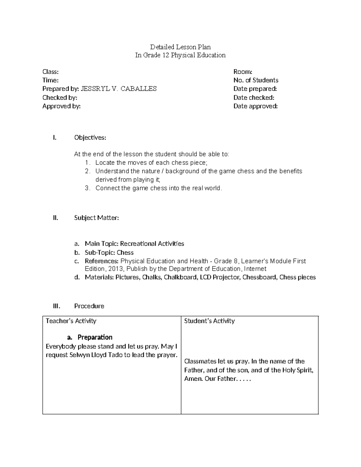 Detailed Lesson Plan for Chess in Grade 12 PE (Physical Education ...