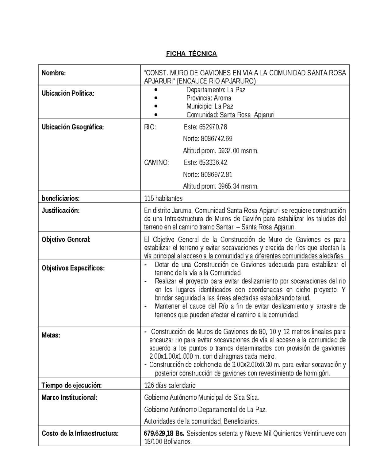 Ficha Técnica: Muro de Gaviones en Vía a la Comunidad Santa Rosa - ITCP - Document Preview