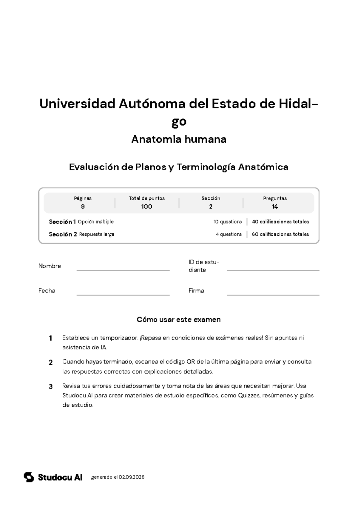 Examen de Anatomía Humana: Planos y Terminología - Studocu