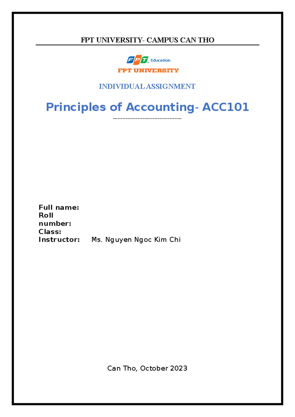 ACC101 - Principles of Accounting Individual Assignment 2023 - Studocu