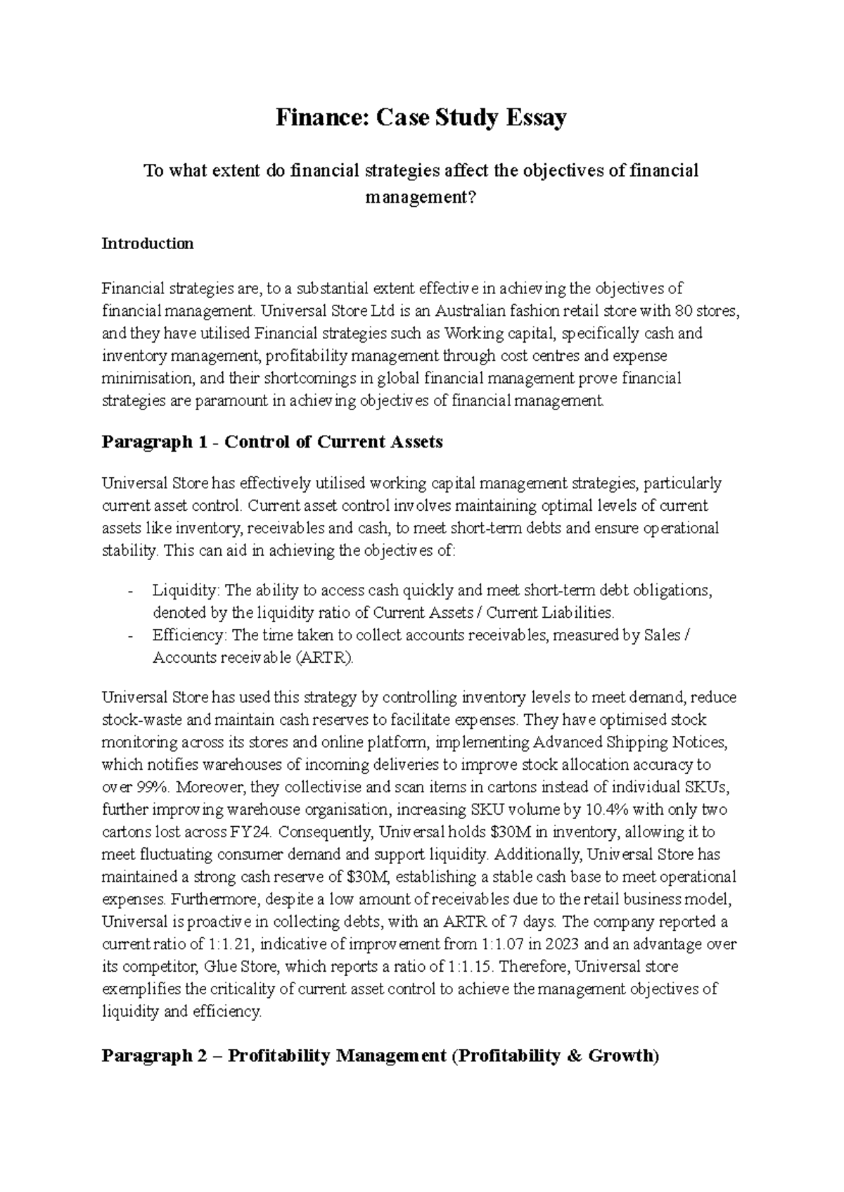 Finance: Case Study Essay on Universal Store's Financial Strategies ...