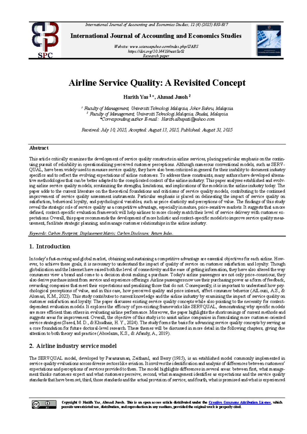 Airline Service Quality Assessment: Insights and Models (IJAES 34879 ...