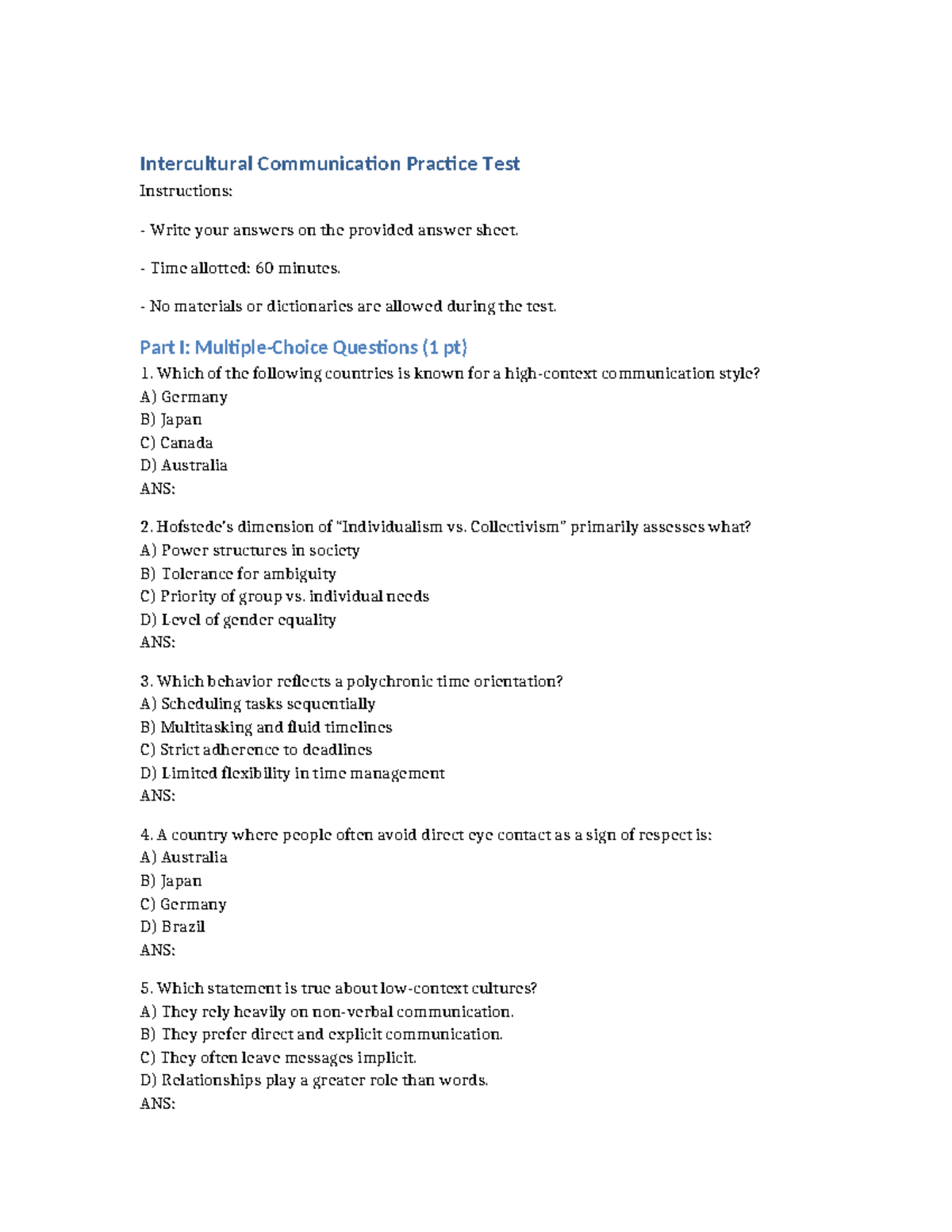 811580819 Intercultural Communication Practice Test Questions - Studocu