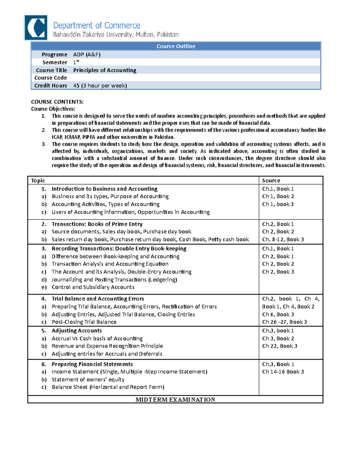 Principles of Accounting (A&F 101) - Course Outline & Midterm Exam ...