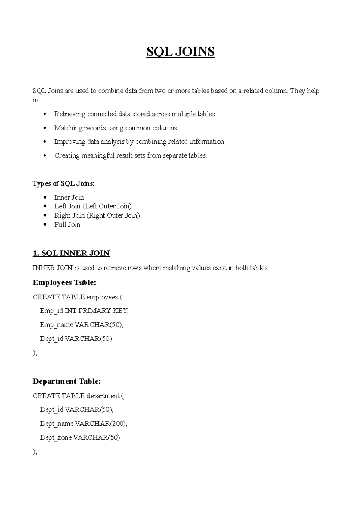 SQL Joins Overview: Types and Examples for Data Retrieval - Studocu