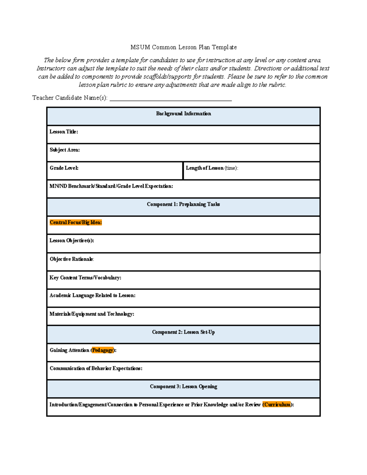 MSUM Field Experience Common Lesson Plan Template Rubric - Studocu