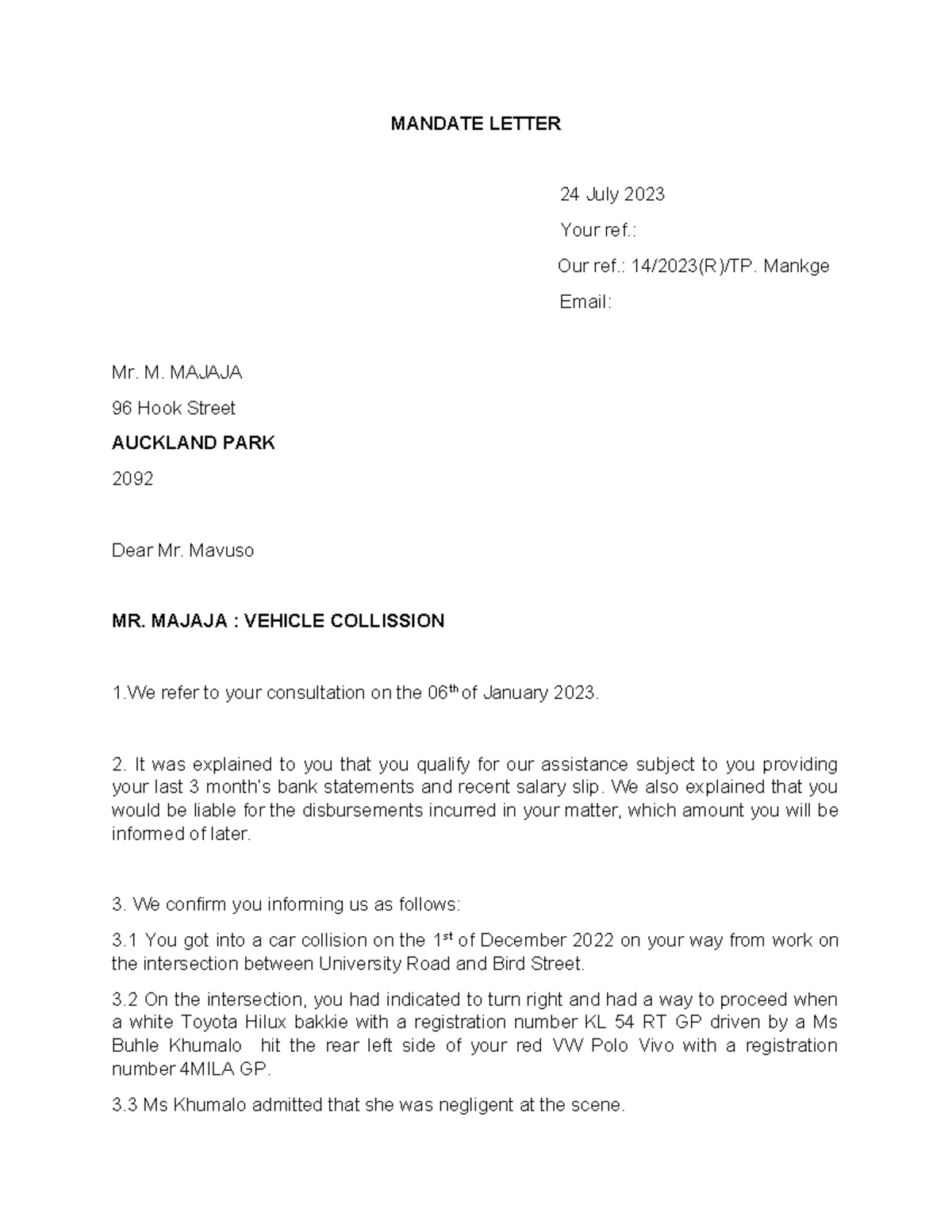 Mandate Letter 01 - Vehicle Collision Case in Civil Litigation - Studocu