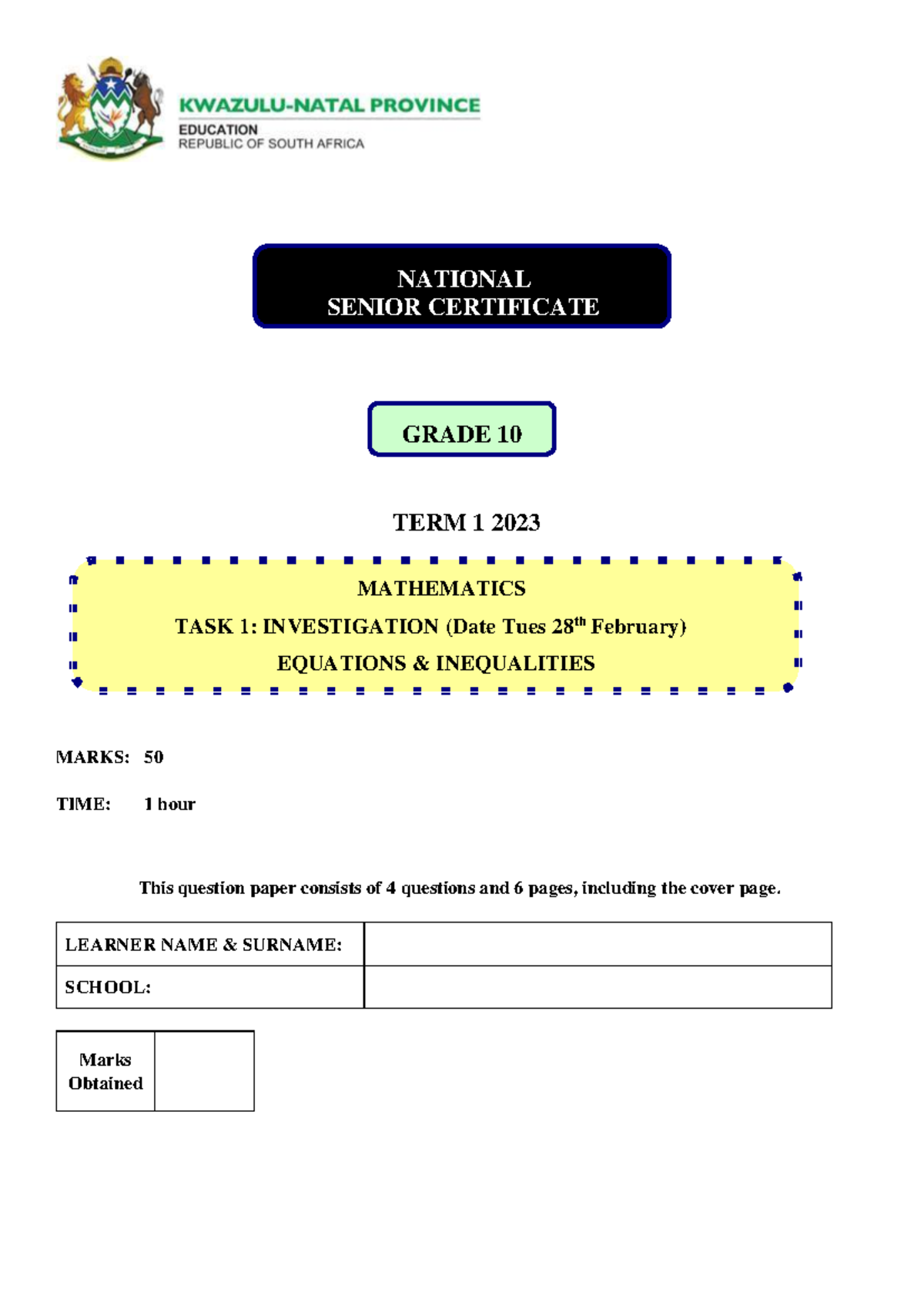 2023 G10 Term 1 Math Task 1: Investigation on Equations & Inequalities ...