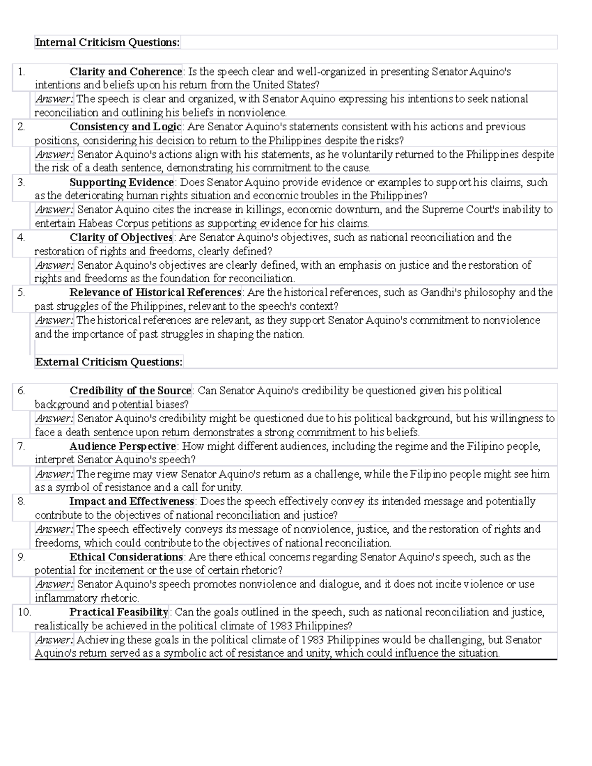 Aquino speech - lecture notes - Internal Criticism Questions: Clarity ...