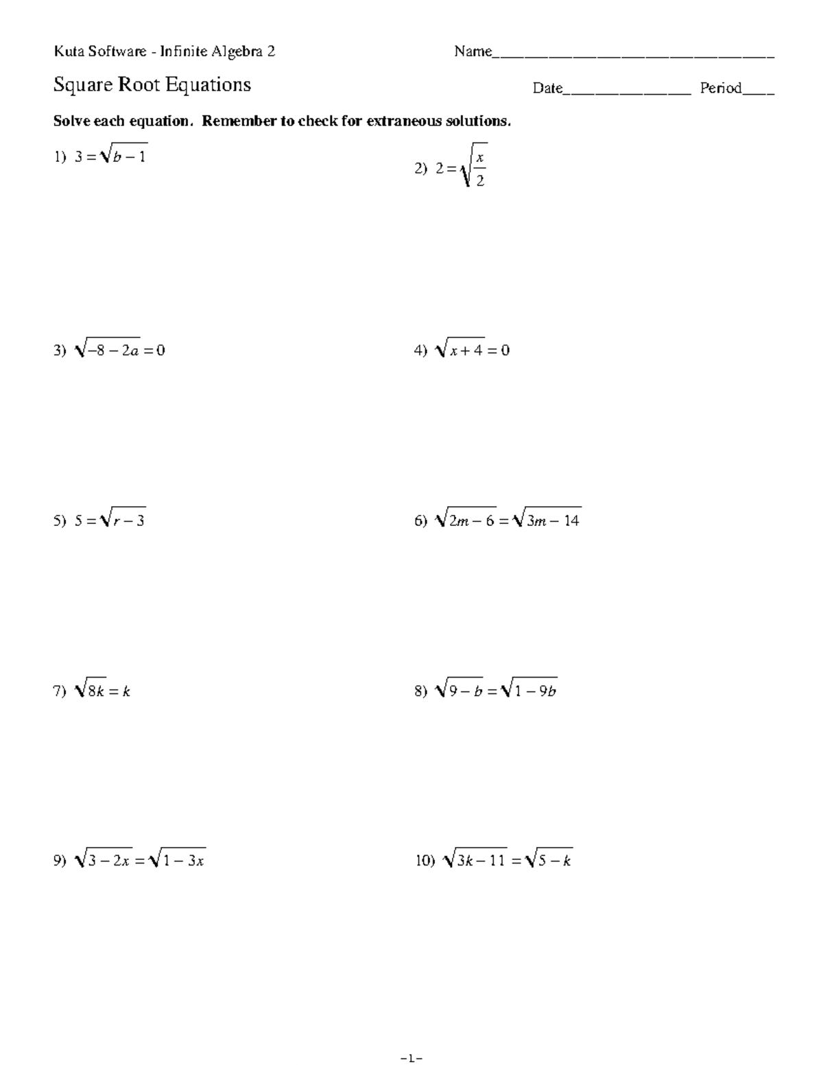 Square Root Equations Worksheet - Kuta Software Infinite Algebra 2 ...