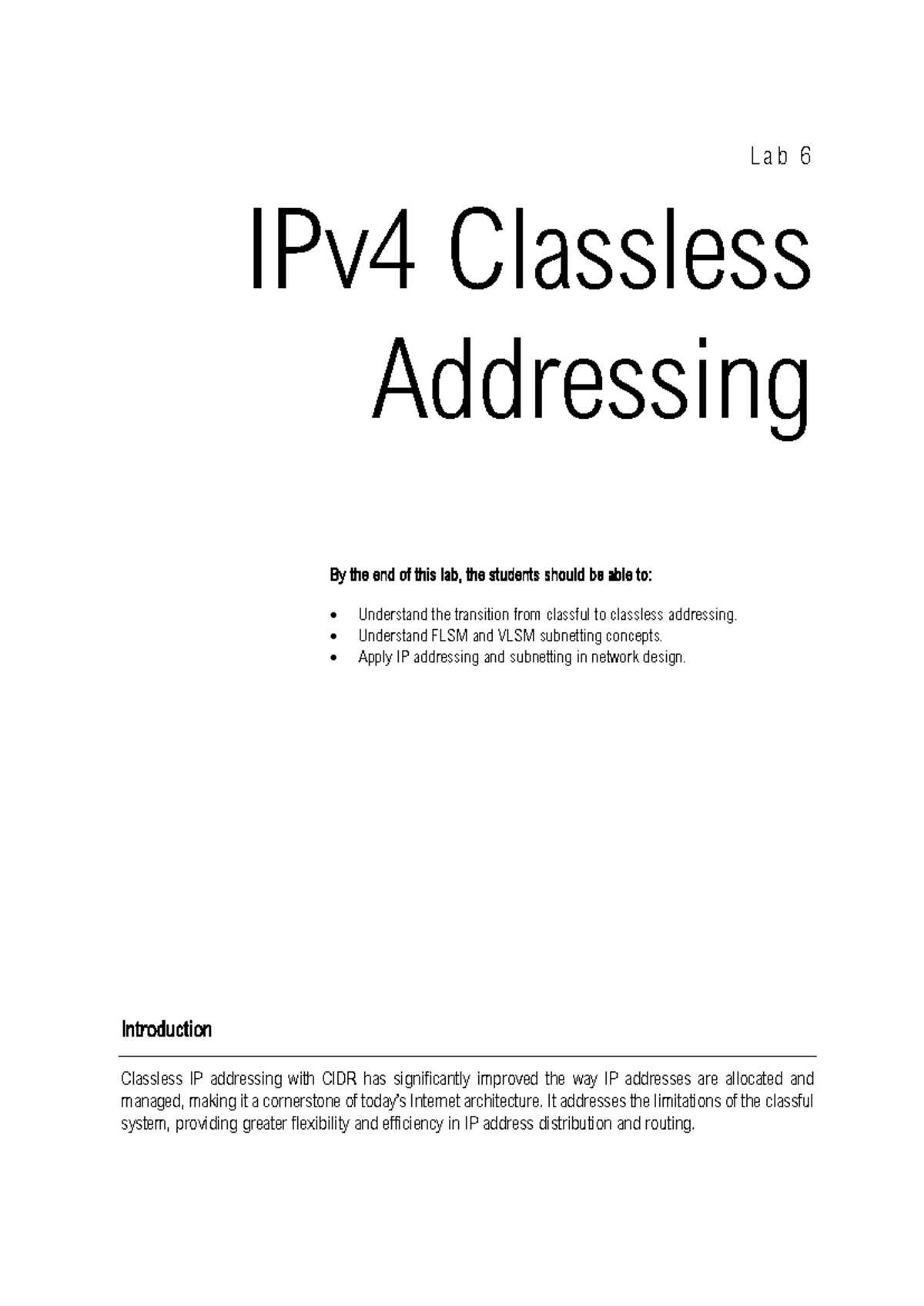 LAB 6: Classless IP Addressing and Subnetting Techniques - Studocu