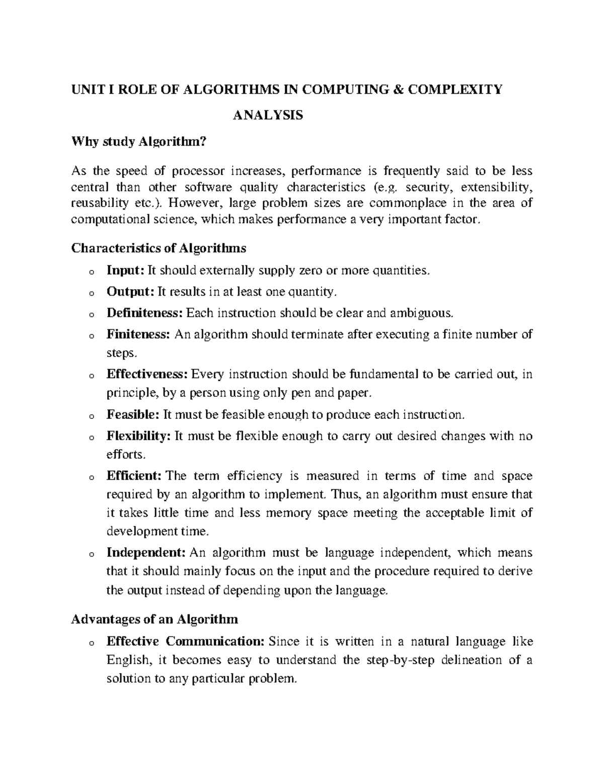 ADS 073308 Unit 5 Notes: Algorithms, Complexity, & Analysis - Studocu