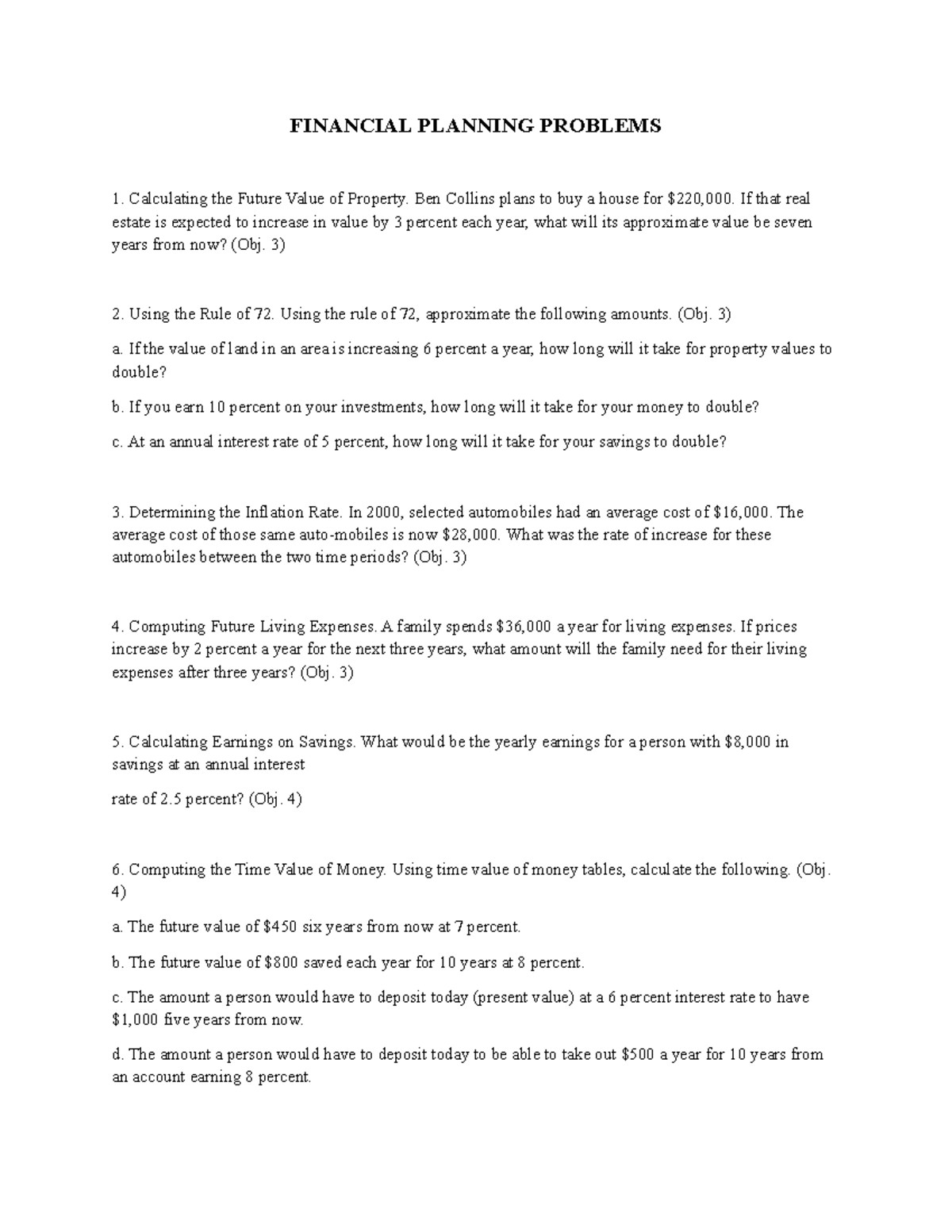 FIN 101: Financial Planning Problems and Future Value Calculations ...