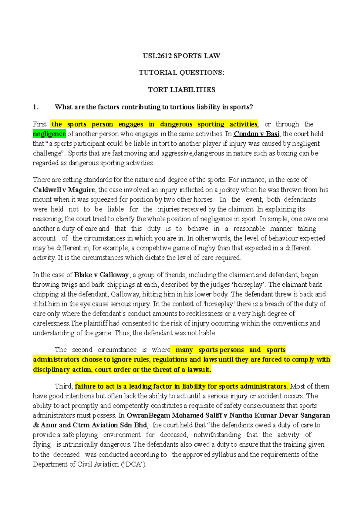 USL2612 Sports Law Tutorial 3: Tort Liabilities in Sports - Studocu