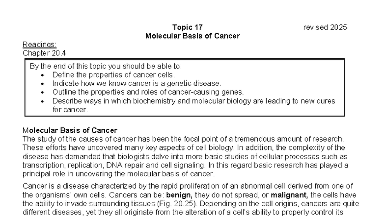 Molecular Basis of Cancer: Topic 17 Lecture Notes (2025) - Studocu