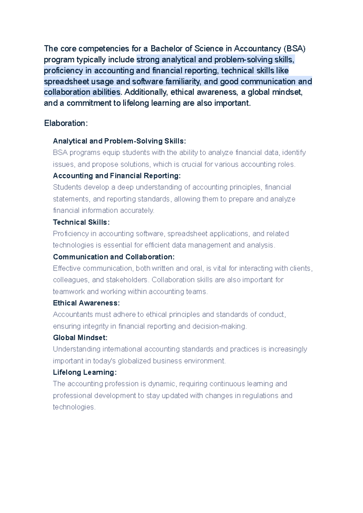 The core competencies for a Bachelor of Science in accountancy ...