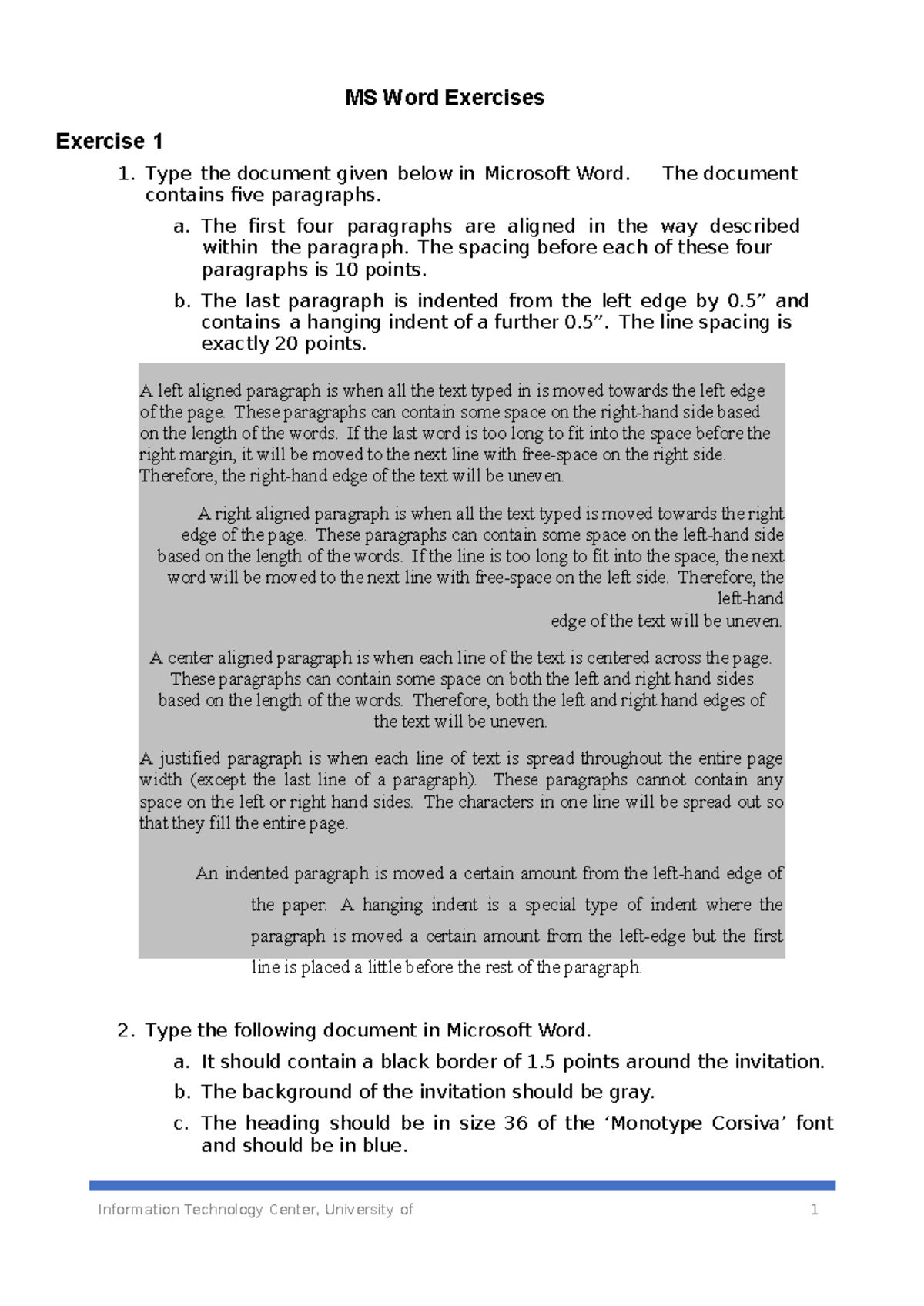 MS Word Exercises 1 - Information Technology Center, University of 1 MS ...