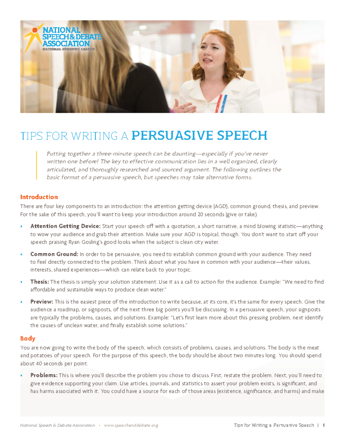 TIPS FOR WRITING A PERSUASIVE SPEECH: A Guide for NSDA Participants ...